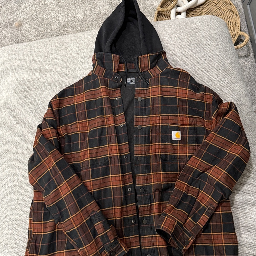 Carhartt Rugged Flex Fit Hooded Flannel Black and Brown Plaid Jacket